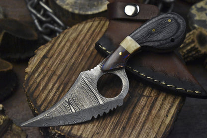 Custom Twist Damascus Skinner Knife with Bone and Wood Handle for Camping and Hunting