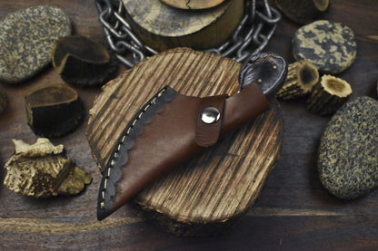 Custom Twist Damascus Skinner Knife with Bone and Wood Handle for Camping and Hunting