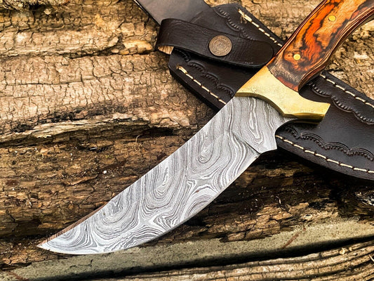 Custom Damascus EDC Bowie Hunting Knife – 9" Rosewood Handle & Leather Sheath