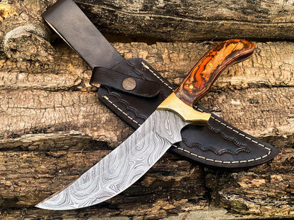 Custom Damascus EDC Bowie Hunting Knife – 9" Rosewood Handle & Leather Sheath
