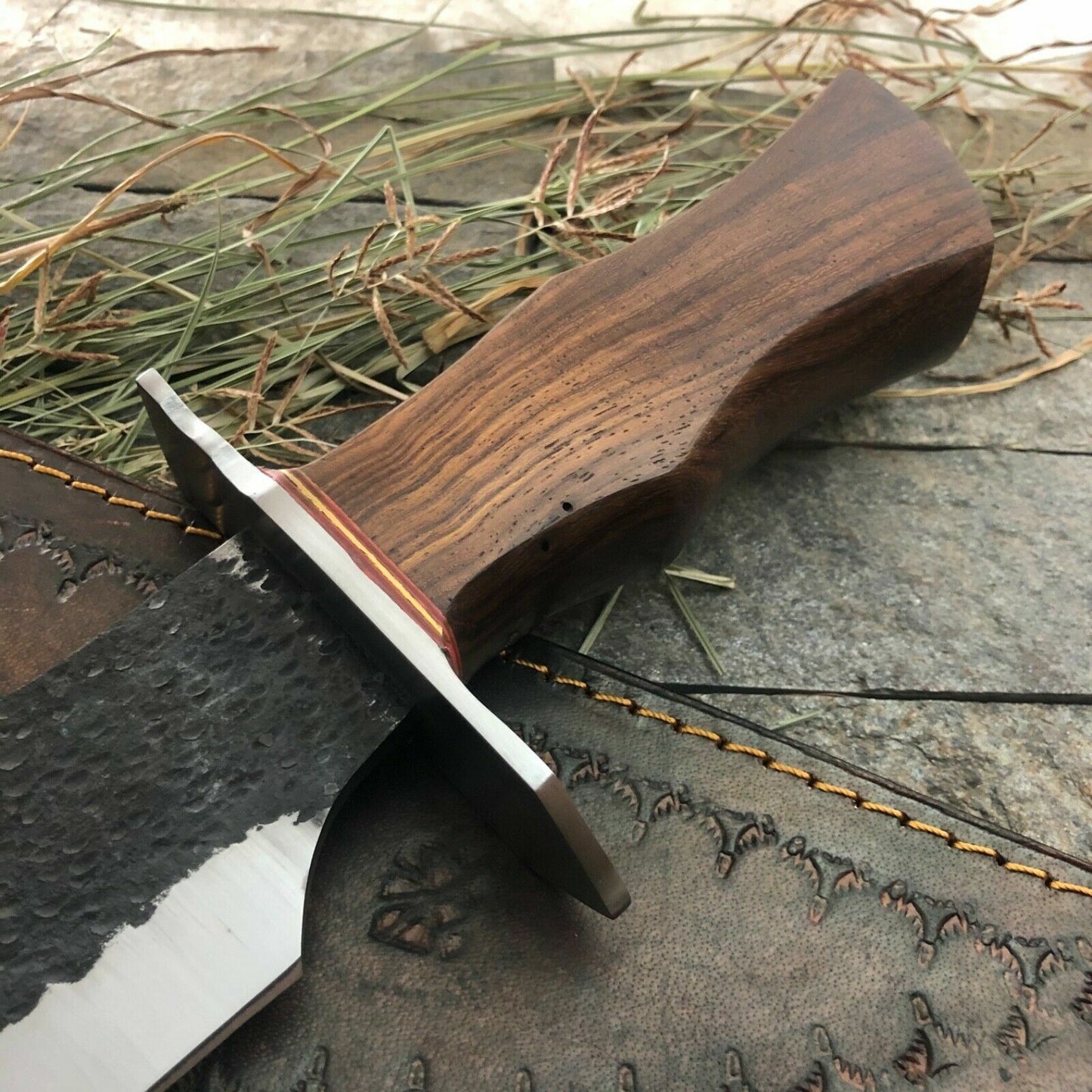 Custom D2 Steel Full Tang Bowie Knife with Wood Handle and Leather Sheath