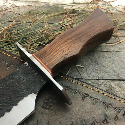 Custom D2 Steel Full Tang Bowie Knife with Wood Handle and Leather Sheath