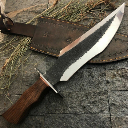 Custom D2 Steel Full Tang Bowie Knife with Wood Handle and Leather Sheath