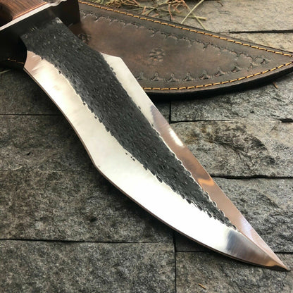 Custom D2 Steel Full Tang Bowie Knife with Wood Handle and Leather Sheath