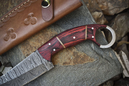 Twist Damascus Skinner Knife with Hardwood Handle – Handmade Camping Hunting Blade