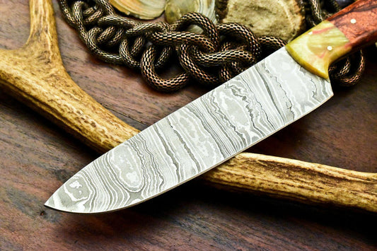 Custom Handmade Damascus Steel Chef Kitchen Knife with Corian Handle, Full Tang, 7-Inch Blade, 12-Inch Overall, 384-Layer Forged Damascus