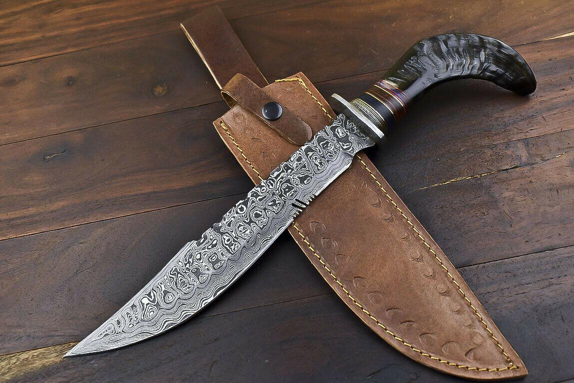 14.5" Damascus Bowie Knife – Ram's Horn Handle & Leather Sheath
