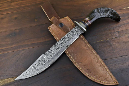14.5" Damascus Bowie Knife – Ram's Horn Handle & Leather Sheath