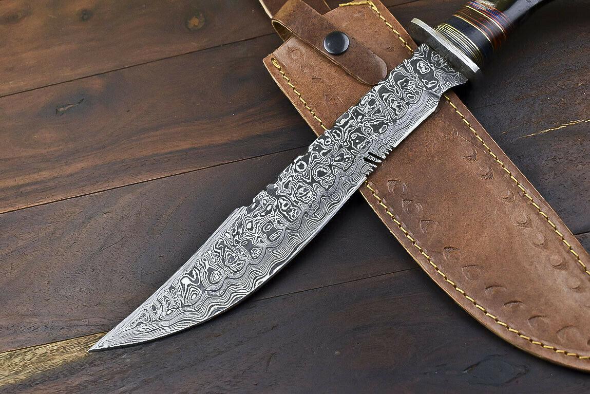 14.5" Damascus Bowie Knife – Ram's Horn Handle & Leather Sheath