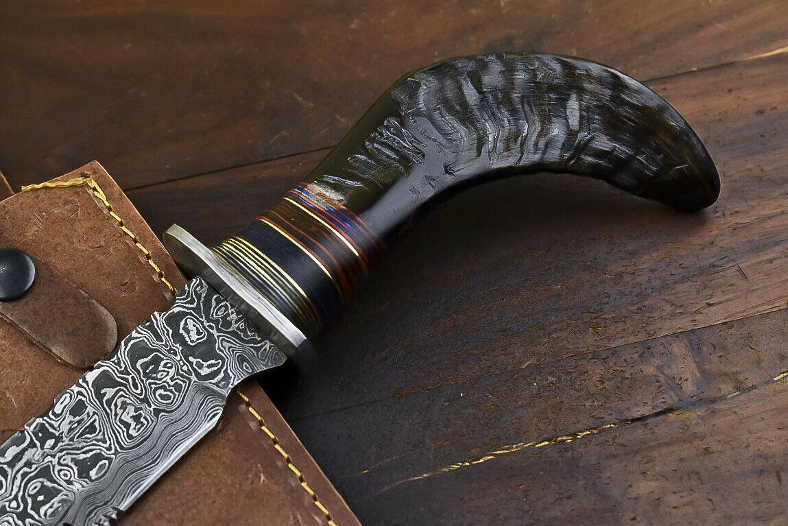 14.5" Damascus Bowie Knife – Ram's Horn Handle & Leather Sheath