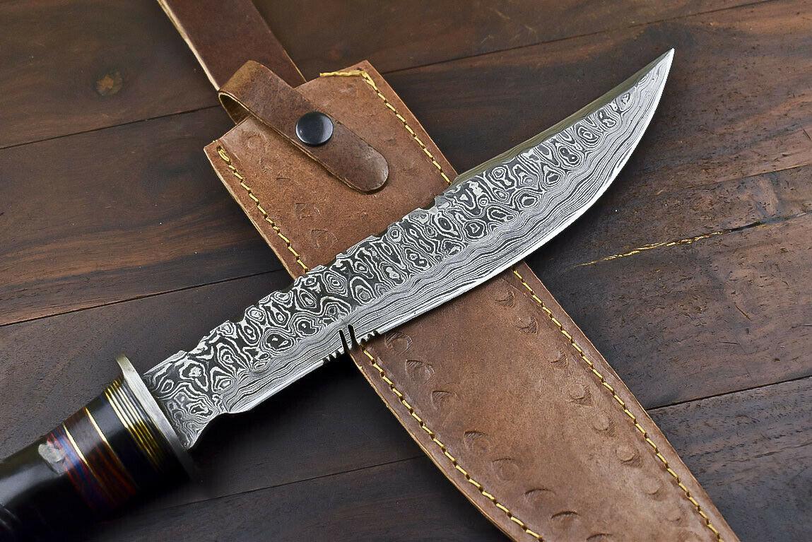 14.5" Damascus Bowie Knife – Ram's Horn Handle & Leather Sheath