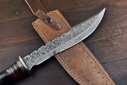 14.5" Damascus Bowie Knife – Ram's Horn Handle & Leather Sheath