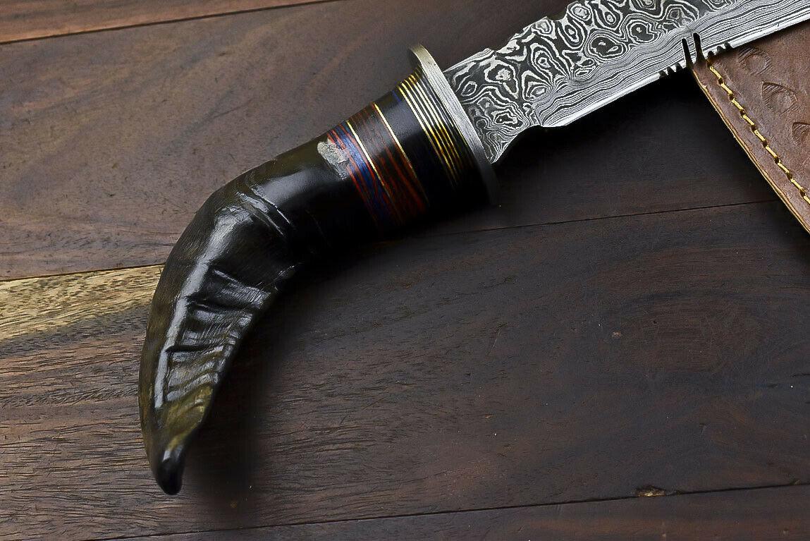 14.5" Damascus Bowie Knife – Ram's Horn Handle & Leather Sheath