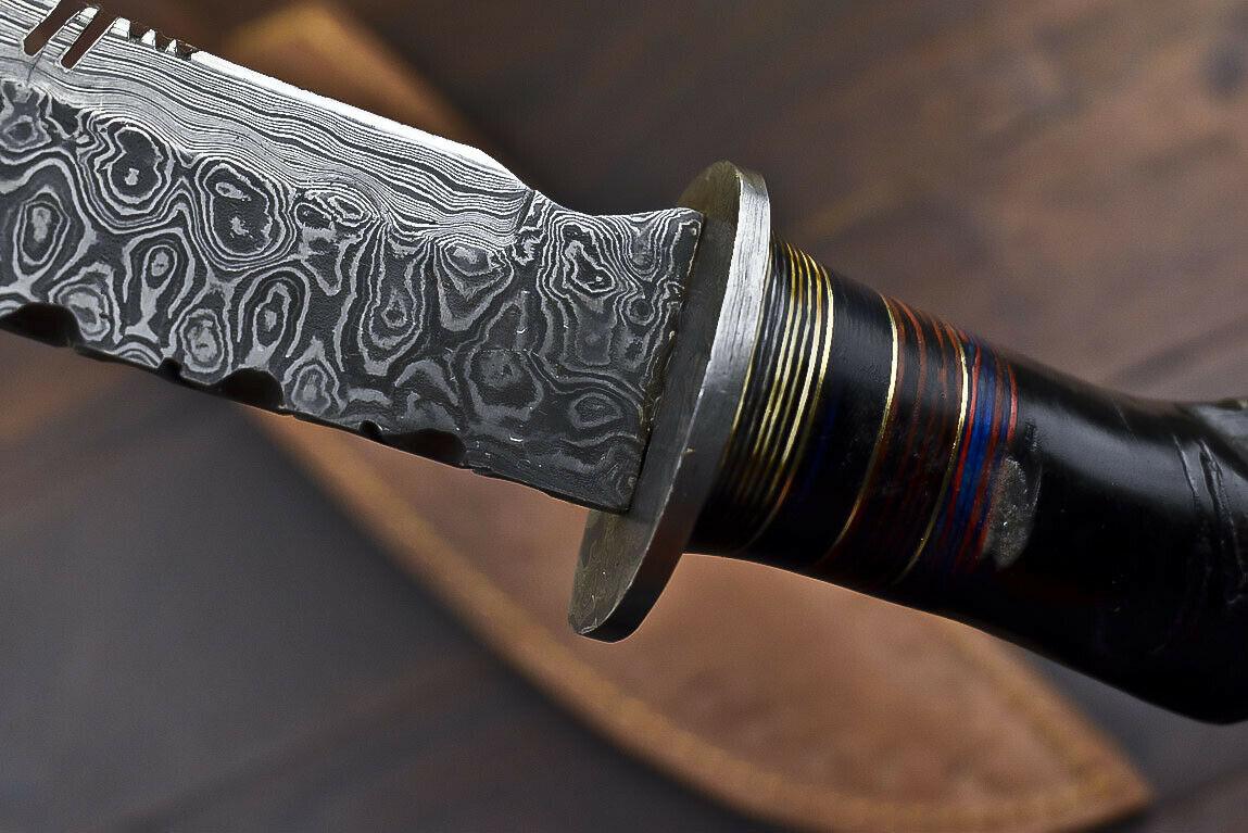14.5" Damascus Bowie Knife – Ram's Horn Handle & Leather Sheath