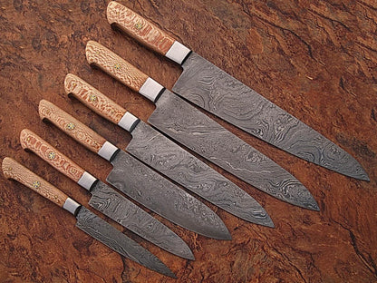 Custom Handmade Damascus Steel 6-Piece Japanese Chef Knife Set – Heritage Forge