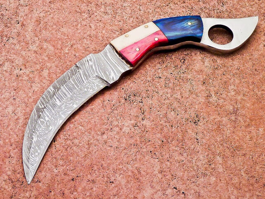 Handforged Damascus Karambit Knife 10" Damascus Steel Knife with Camel Bone & Wood Handle