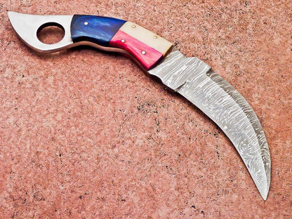 Handforged Damascus Karambit Knife 10" Damascus Steel Knife with Camel Bone & Wood Handle