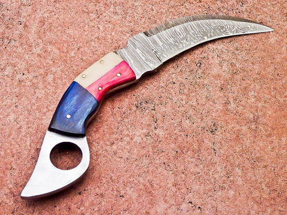Handforged Damascus Karambit Knife 10" Damascus Steel Knife with Camel Bone & Wood Handle