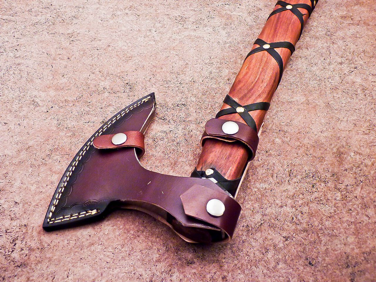 Hand Forged Carbon Steel Viking Axe 20" Bearded Hatchet Tomahawk with Natural Wood Handle and Leather Sheath