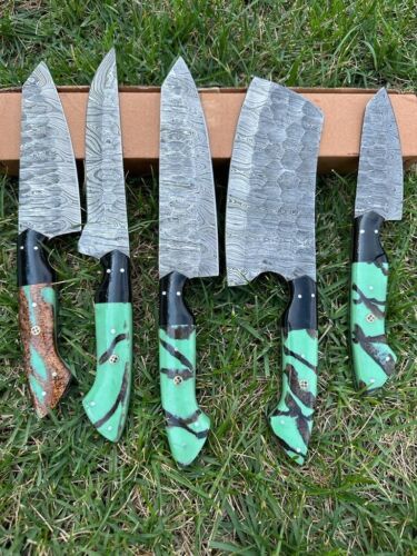 5-Piece Handmade Damascus Steel Chef Knife Set – Full Tang, Wood Handle