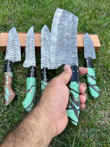 5-Piece Handmade Damascus Steel Chef Knife Set – Full Tang, Wood Handle