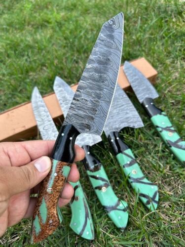 5-Piece Handmade Damascus Steel Chef Knife Set – Full Tang, Wood Handle