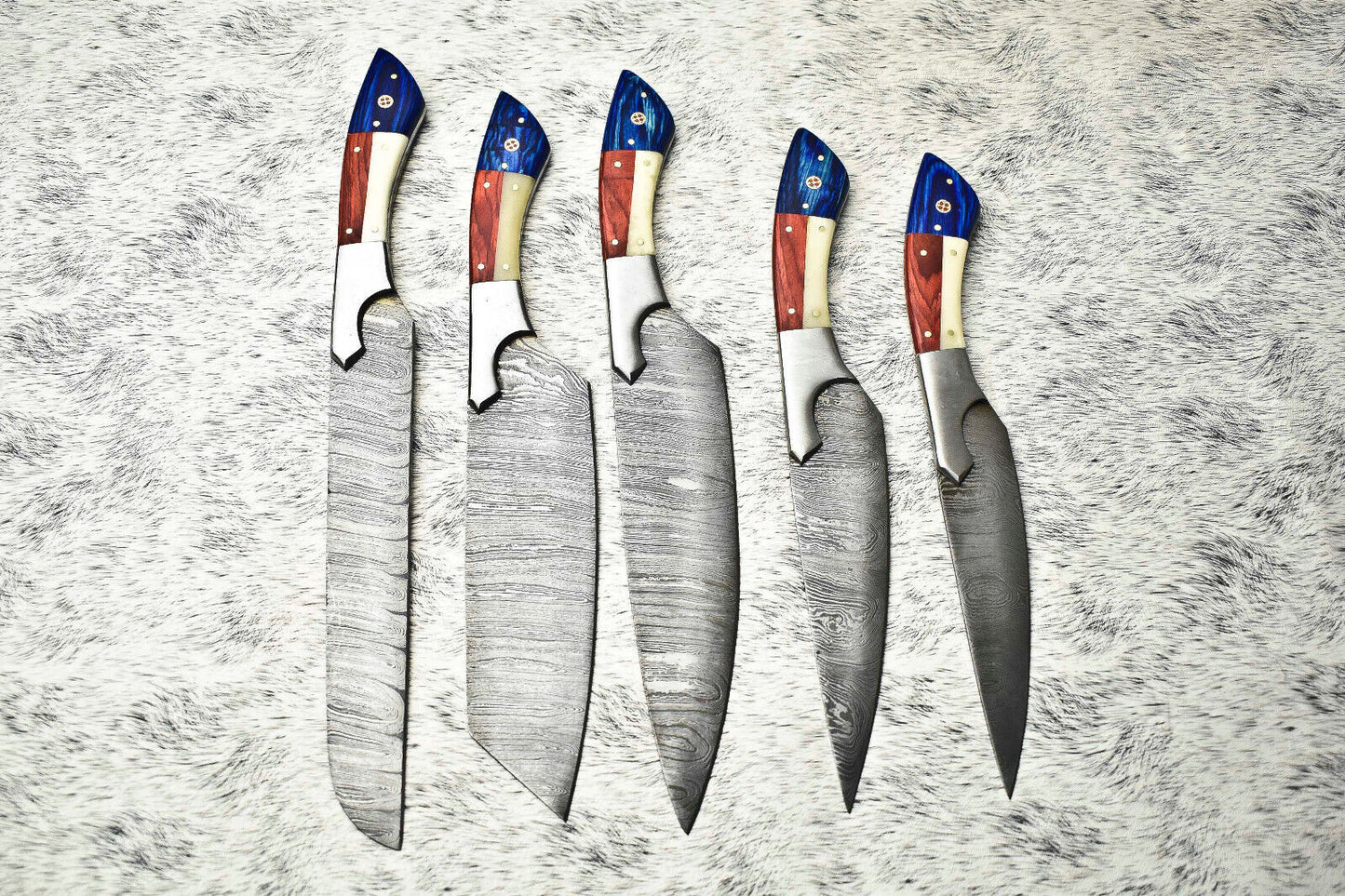 Rare Custom Lot of 5 Handmade Hammered Damascus Steel Blade Chef Knife Set – Oil Tempered 58-60 HRC, Sharpened at 20°