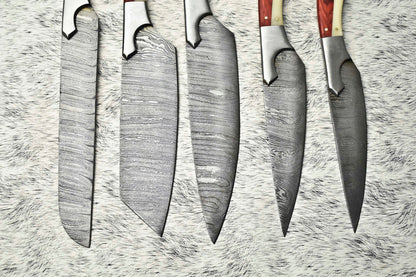 Rare Custom Lot of 5 Handmade Hammered Damascus Steel Blade Chef Knife Set – Oil Tempered 58-60 HRC, Sharpened at 20°