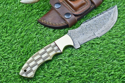 10 Inch Damascus Tracker Bowie Knife with Camel Bone Handle for Hunting and Survival