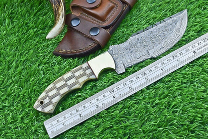 10 Inch Damascus Tracker Bowie Knife with Camel Bone Handle for Hunting and Survival