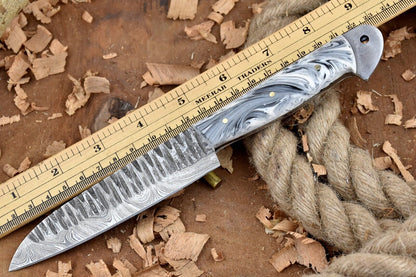 Custom Handmade Forged Damascus Steel Kitchen Chef Knife – 9" Blade with White & Brown Raisin Handle