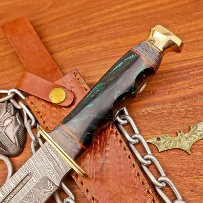 12 Inch Handmade Damascus Steel Bowie Knife with Resin Handle and Brass Bolster