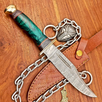 12 Inch Handmade Damascus Steel Bowie Knife with Resin Handle and Brass Bolster