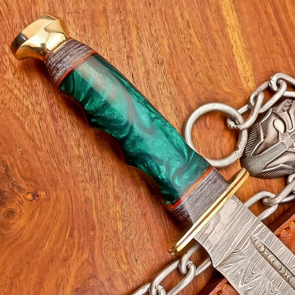 12 Inch Handmade Damascus Steel Bowie Knife with Resin Handle and Brass Bolster