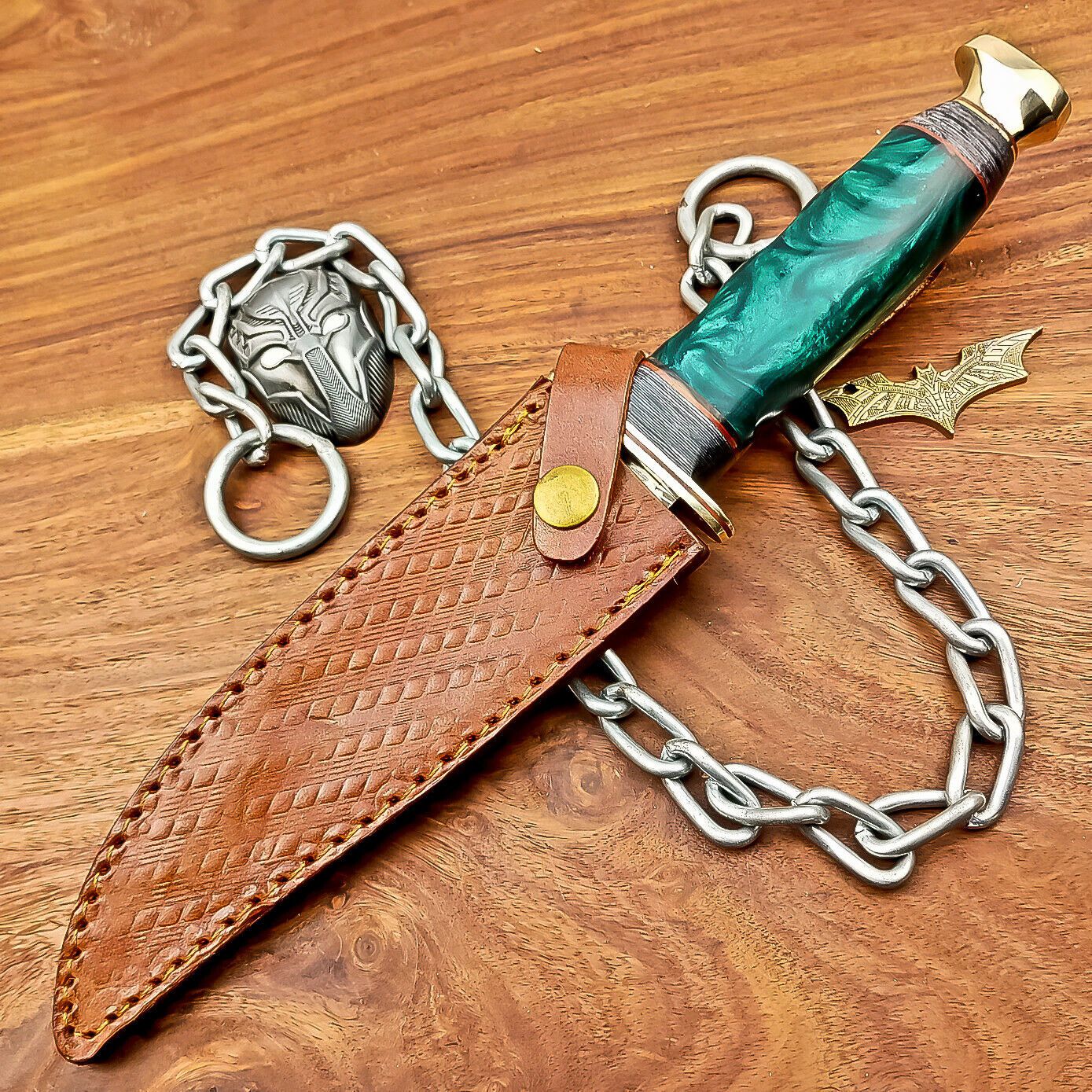 12 Inch Handmade Damascus Steel Bowie Knife with Resin Handle and Brass Bolster