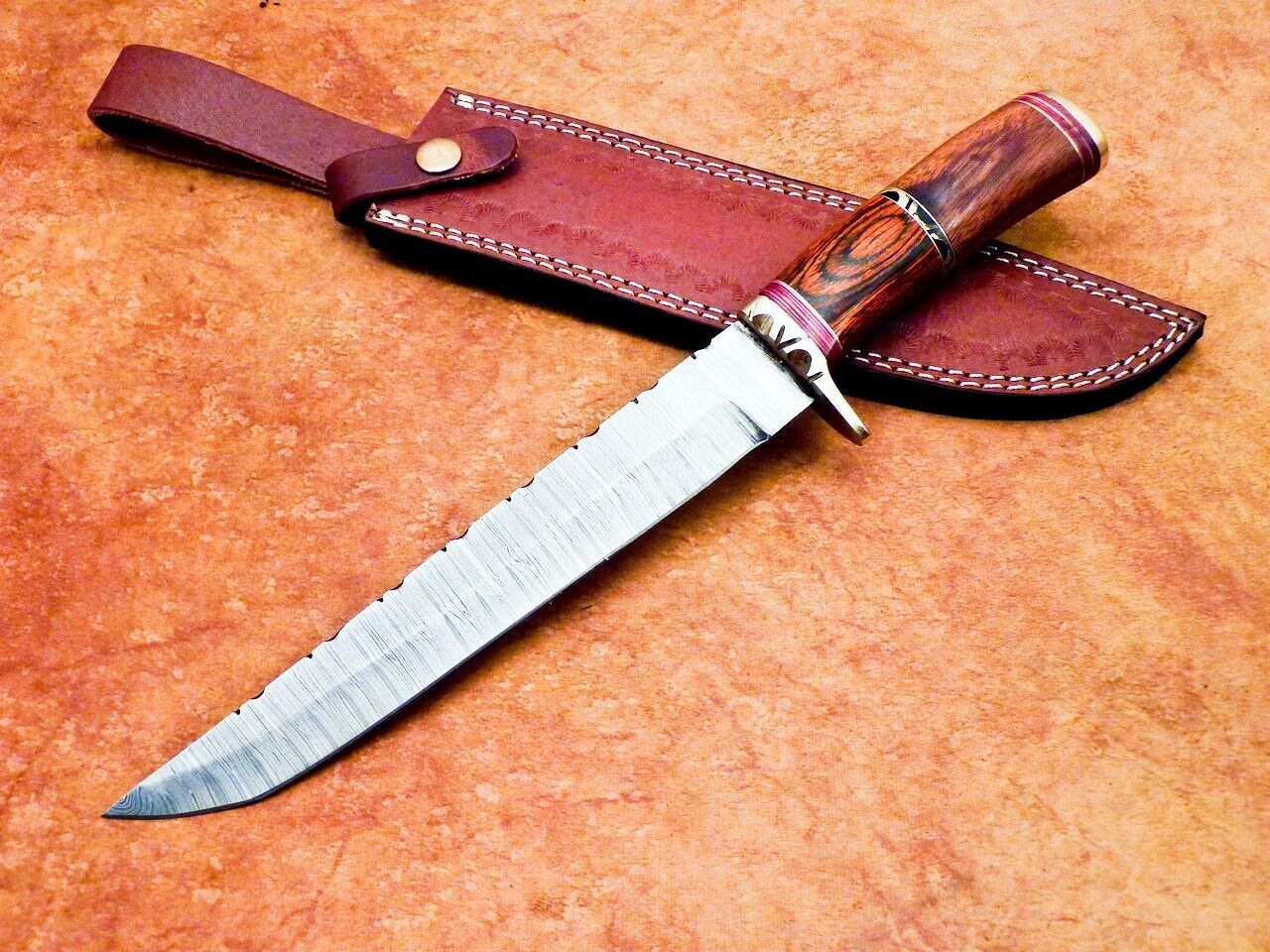 13 Inch Handmade Damascus Bowie Knife with Hardwood and Natural Wood Handle