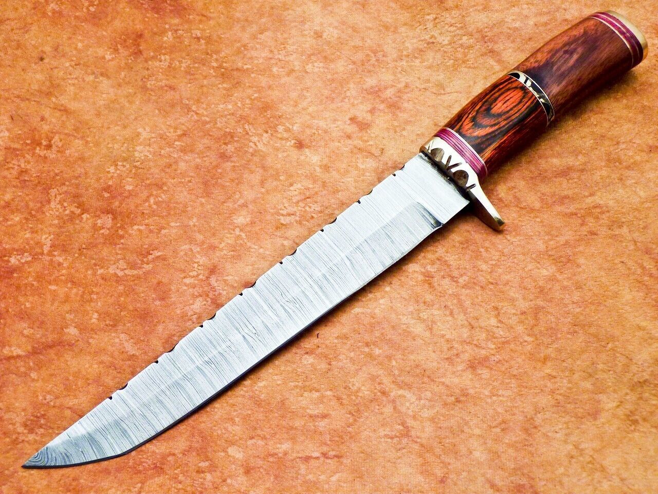 13 Inch Handmade Damascus Bowie Knife with Hardwood and Natural Wood Handle