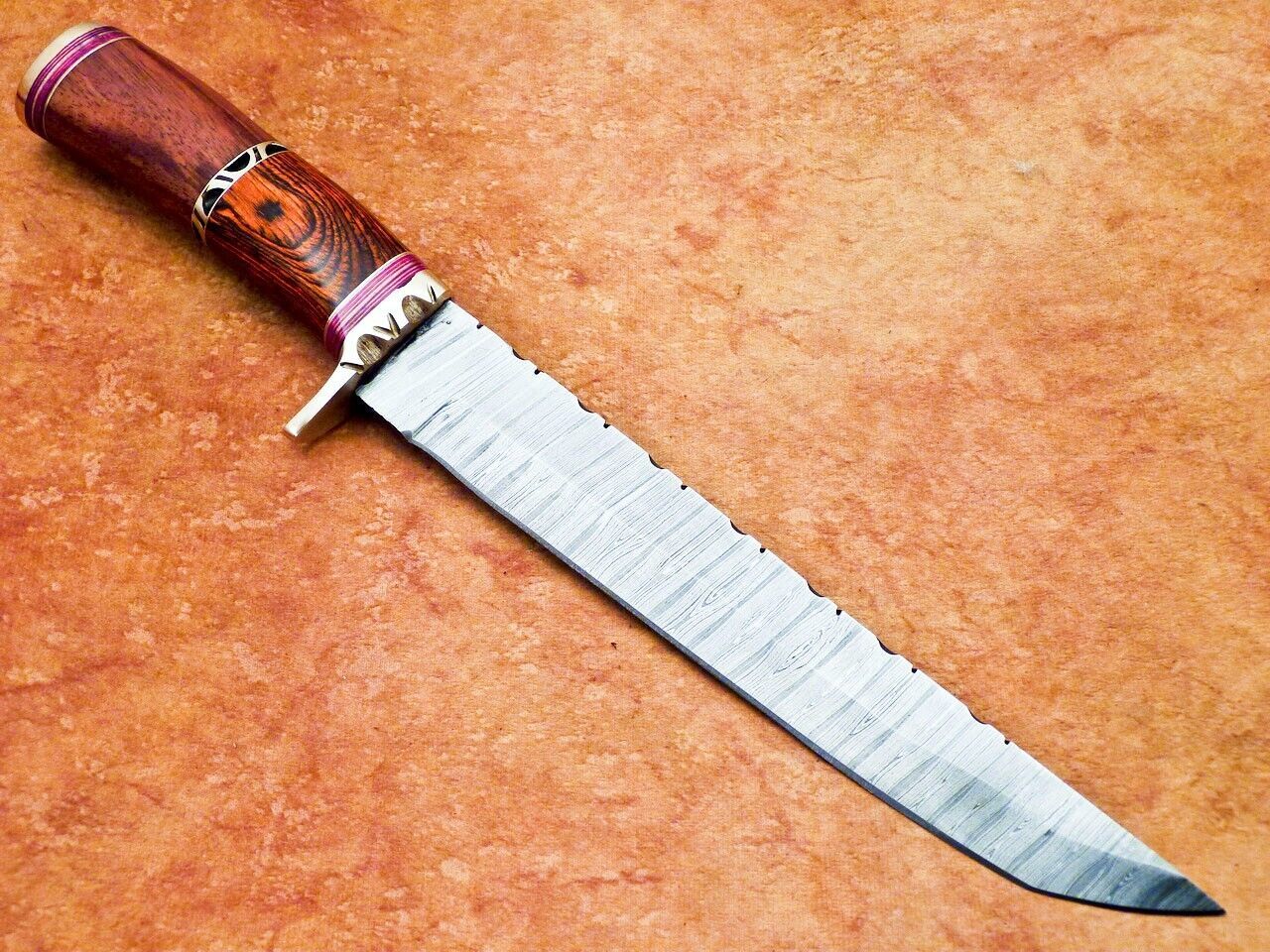 13 Inch Handmade Damascus Bowie Knife with Hardwood and Natural Wood Handle