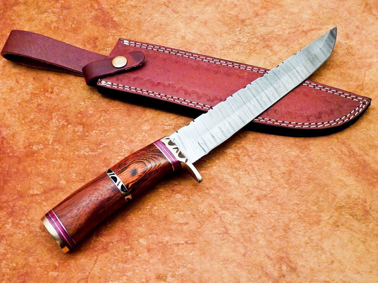 13 Inch Handmade Damascus Bowie Knife with Hardwood and Natural Wood Handle