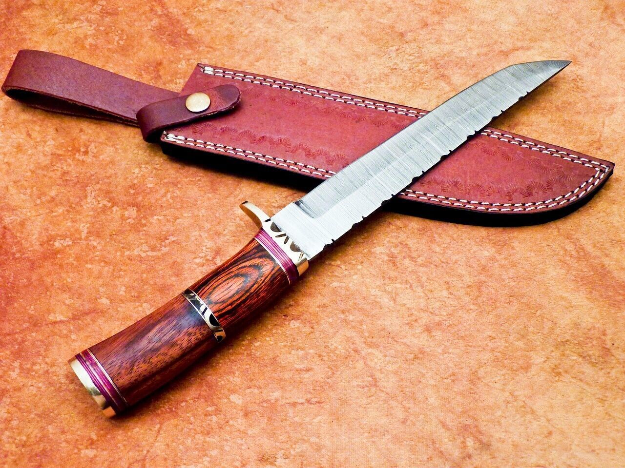 13 Inch Handmade Damascus Bowie Knife with Hardwood and Natural Wood Handle