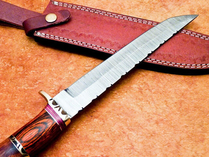 13 Inch Handmade Damascus Bowie Knife with Hardwood and Natural Wood Handle