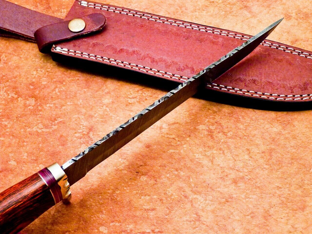 13 Inch Handmade Damascus Bowie Knife with Hardwood and Natural Wood Handle