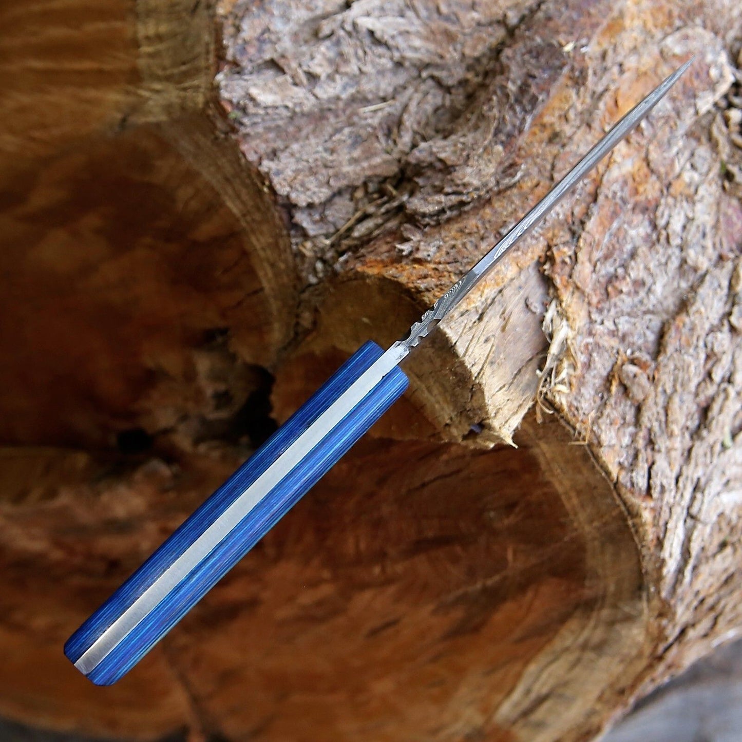 Custom Handmade Damascus Skinner Hunting Knife with Blue Wood Handle and Leather Sheath