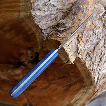 Custom Handmade Damascus Skinner Hunting Knife with Blue Wood Handle and Leather Sheath