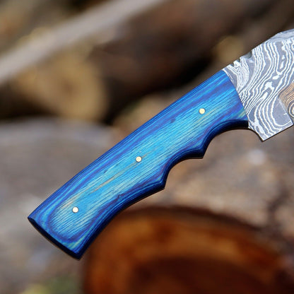 Custom Handmade Damascus Skinner Hunting Knife with Blue Wood Handle and Leather Sheath