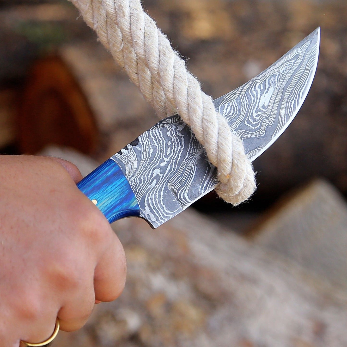 Custom Handmade Damascus Skinner Hunting Knife with Blue Wood Handle and Leather Sheath