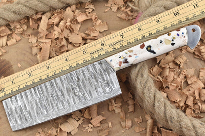 Hand Forged Damascus Steel Chef Knife 11" Kitchen Cleaver with White Resin Handle