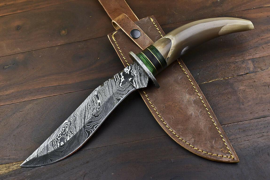 14.5" Damascus Steel Bowie Knife – Bull Horn Handle & Damascus Guard