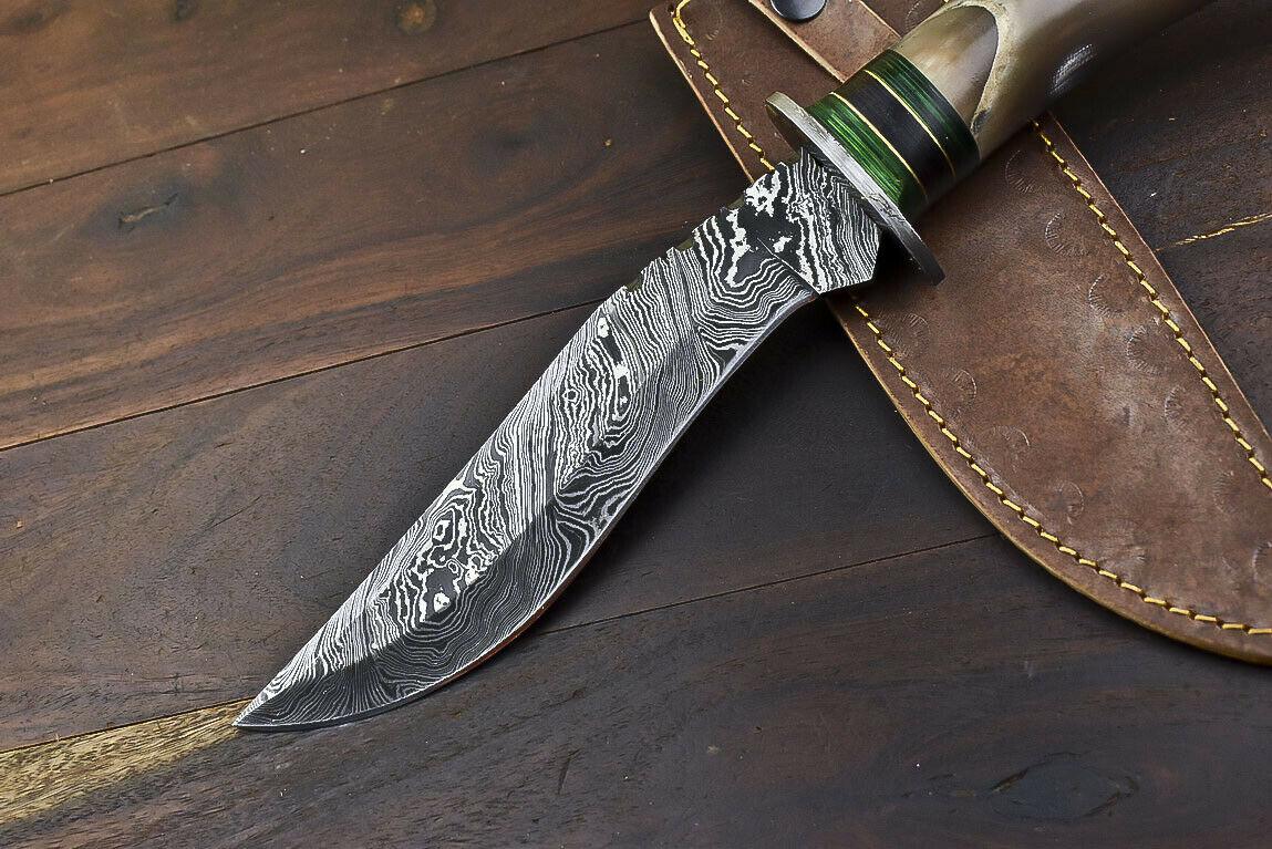 14.5" Damascus Steel Bowie Knife – Bull Horn Handle & Damascus Guard