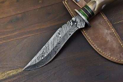 14.5" Damascus Steel Bowie Knife – Bull Horn Handle & Damascus Guard